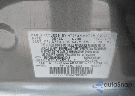 2016 Nissan Versa 1.6 Sv из США, поврежденный, VIN 3N1CN7AP0GL904045